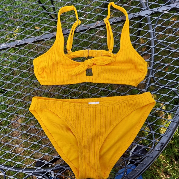 Xhilaration Yellow tie front ribbed swimsuit - Picture 2 of 8